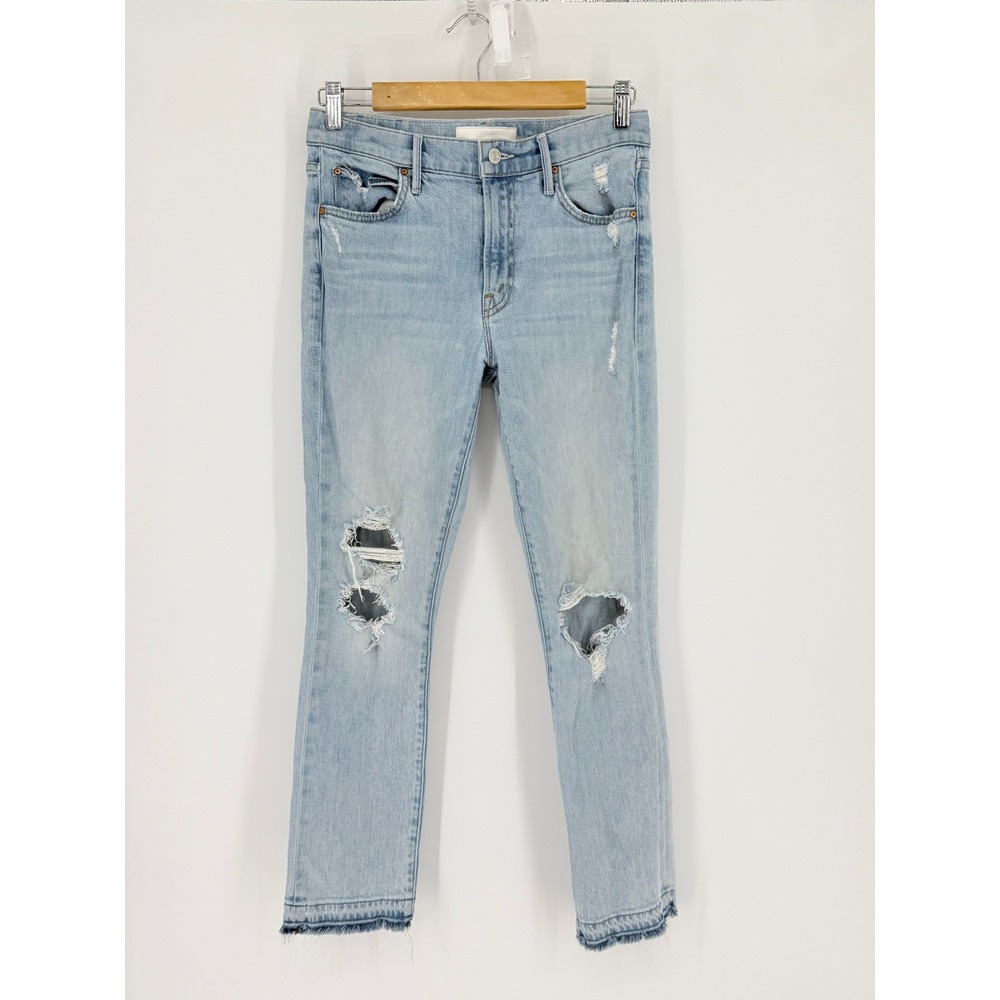 MOTHER The Dazzler Shift Distressed Straight Leg Jeans Light Blue Wash Womens 27